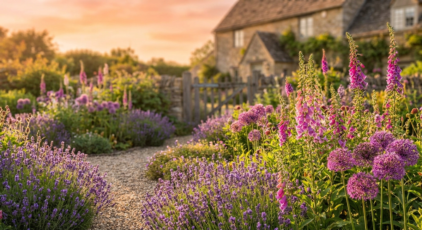 A vibrant, lush cottage garden scene featuring a mix of lavender, foxglove, and alliums with a soft-focus background, golden hour lighting, professional landscape photography
