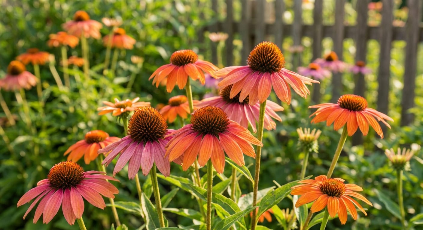 Bright orange and pink coneflowers with textured centers, sunny garden backdrop, sharp focus, high-quality botanical photography