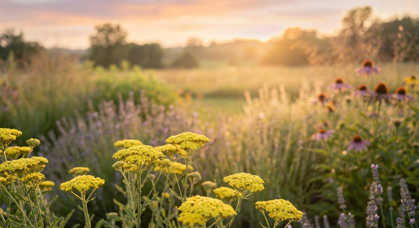 Yellow yarrow clusters in a meadow-style garden, soft sunset light, shallow depth of field, professional nature photography