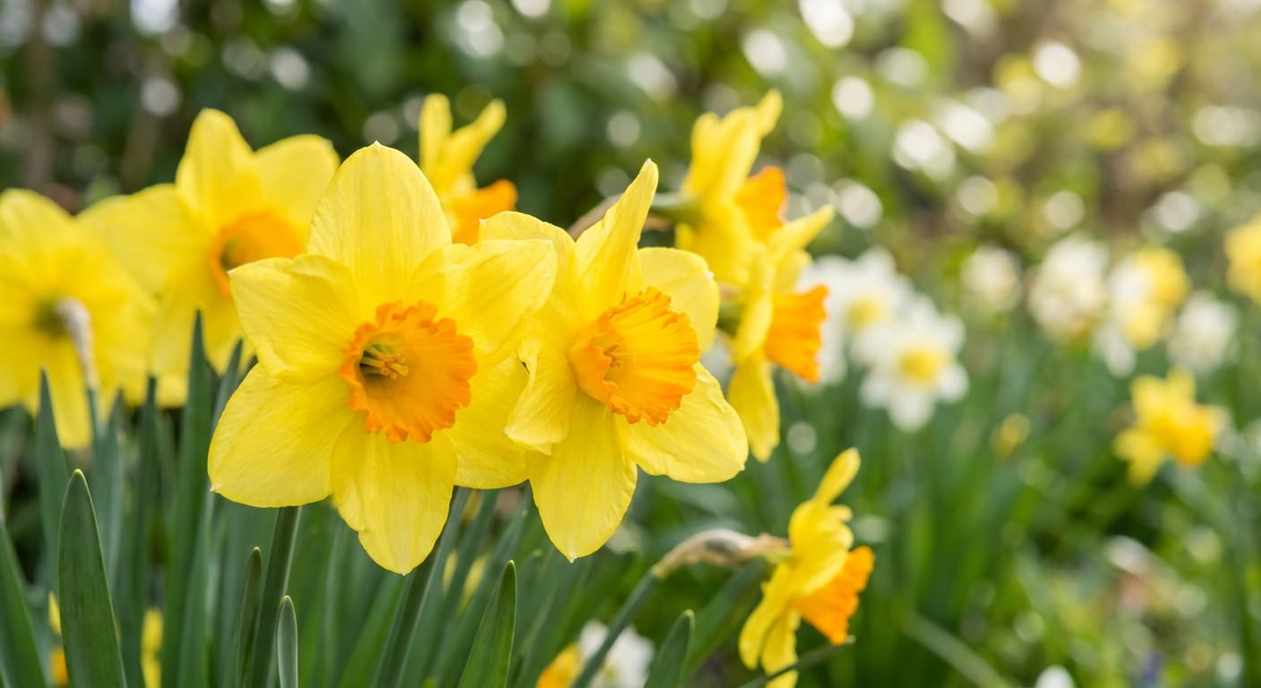 Close-up of bright yellow trumpet daffodils swaying in a spring breeze, sharp focus on petals, soft bokeh garden background, high-resolution