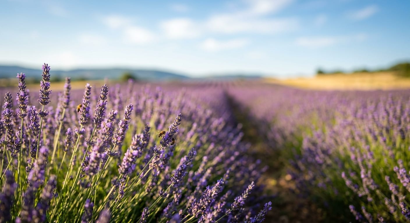 Vibrant purple lavender field in full bloom under a bright blue sky, cinematic lighting, shallow depth of field, professional nature photography