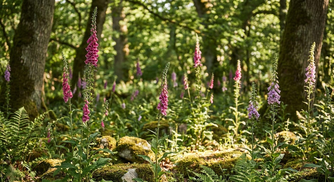 Tall, majestic pink and purple foxglove spikes in a shaded forest garden setting, soft dappled sunlight, editorial photography style