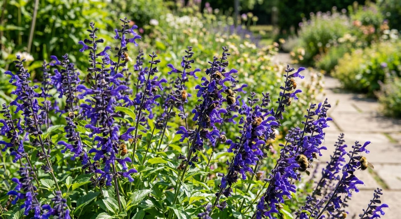 Vibrant deep blue salvia flowers in a summer garden bed, bees pollinating, sharp focus, bright daylight, professional garden photography