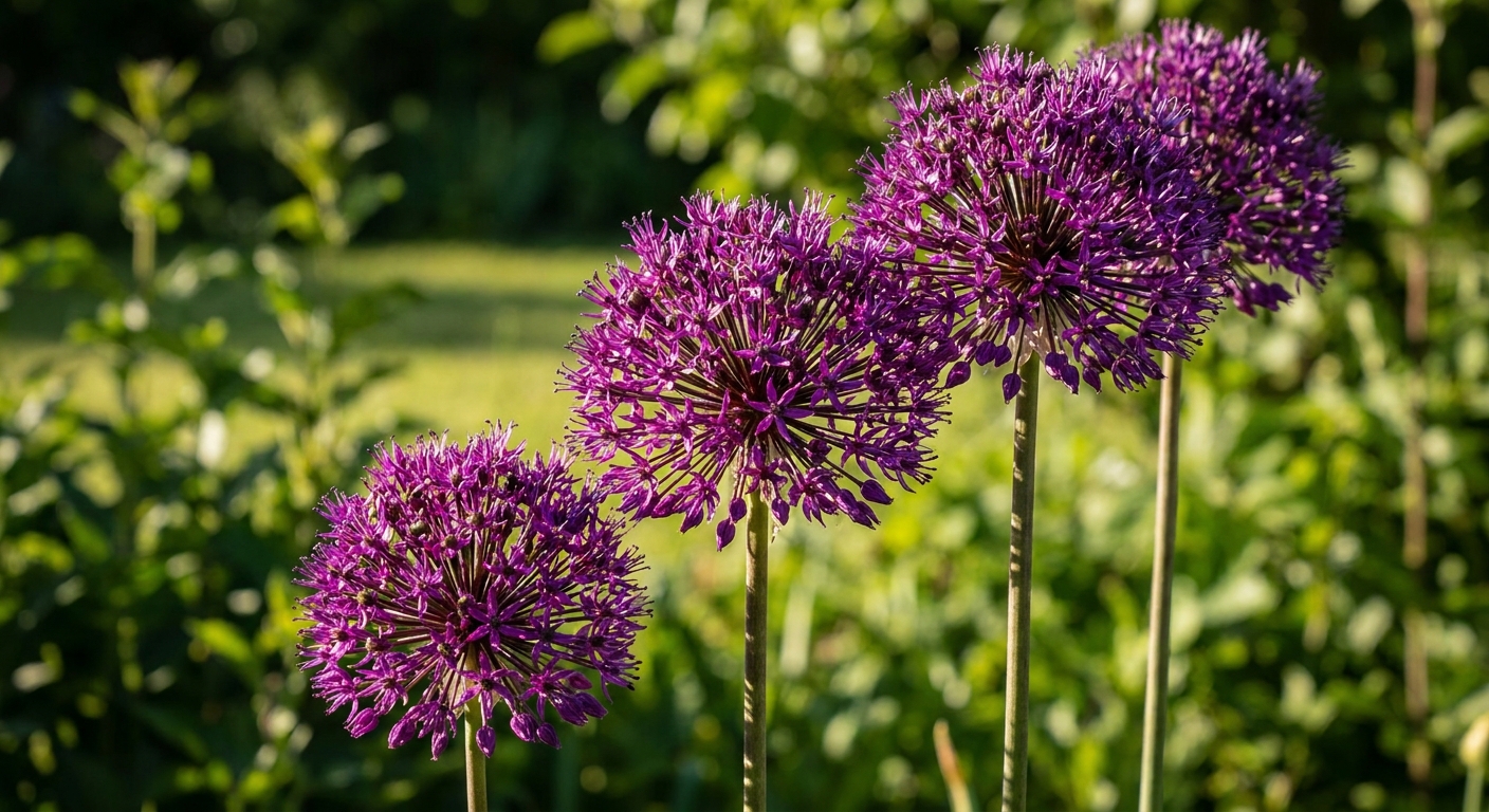 Stunning purple globe-shaped allium flowers standing tall, macro shot, soft green garden background, high-contrast, professional photography