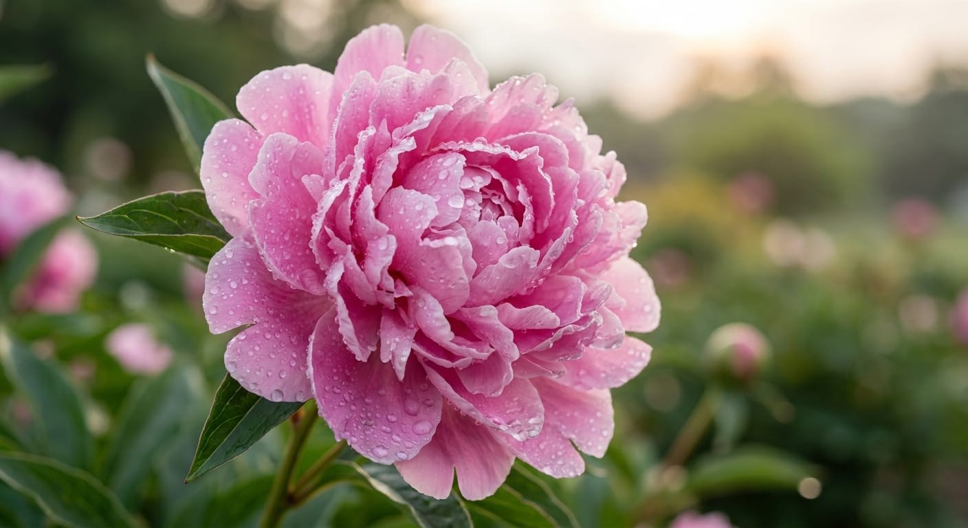 Close-up of a lush, ruffled pink peony in full bloom, dew drops on petals, soft morning light, editorial style, shallow depth of field