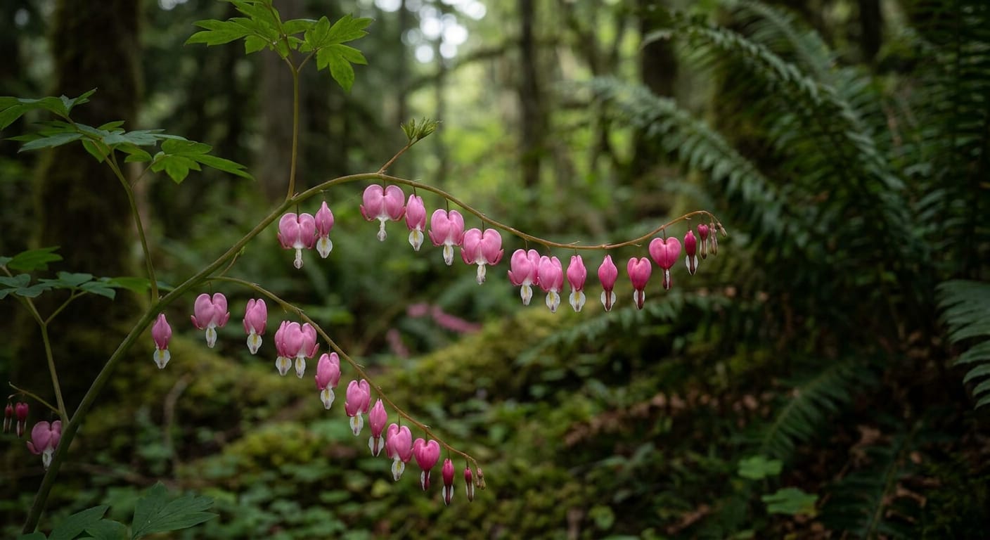 Delicate pink and white heart-shaped bleeding heart flowers hanging from a curved stem, moody forest light, close-up, sharp focus