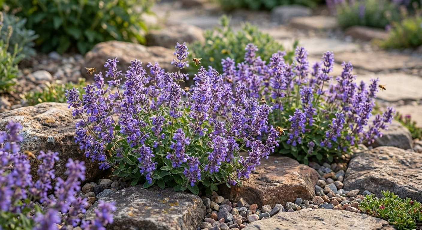 Mounded purple catmint flowers in a rock garden setting, bees hovering, soft sunlight, vibrant colors, professional horticulture photography