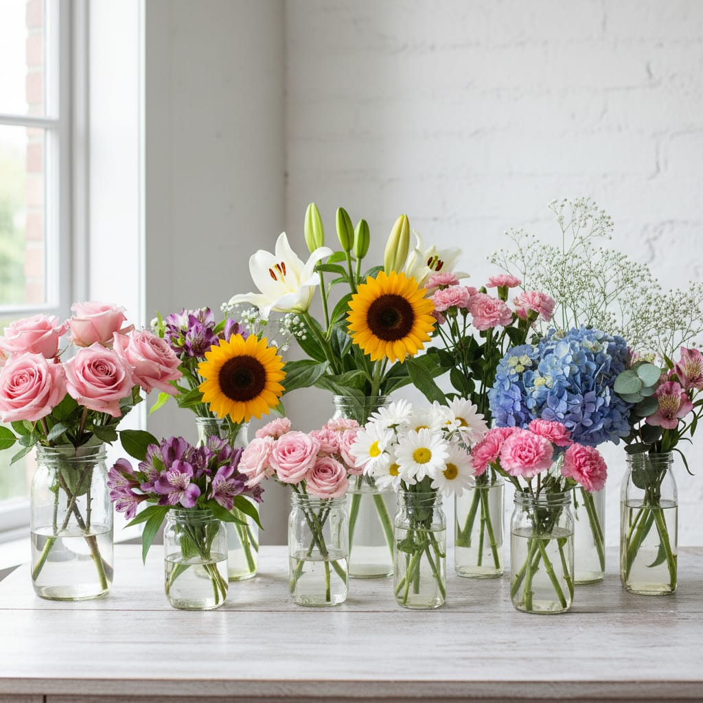 Essential beginner flowers including common gift bouquet varieties arranged simply to show each bloom type clearly