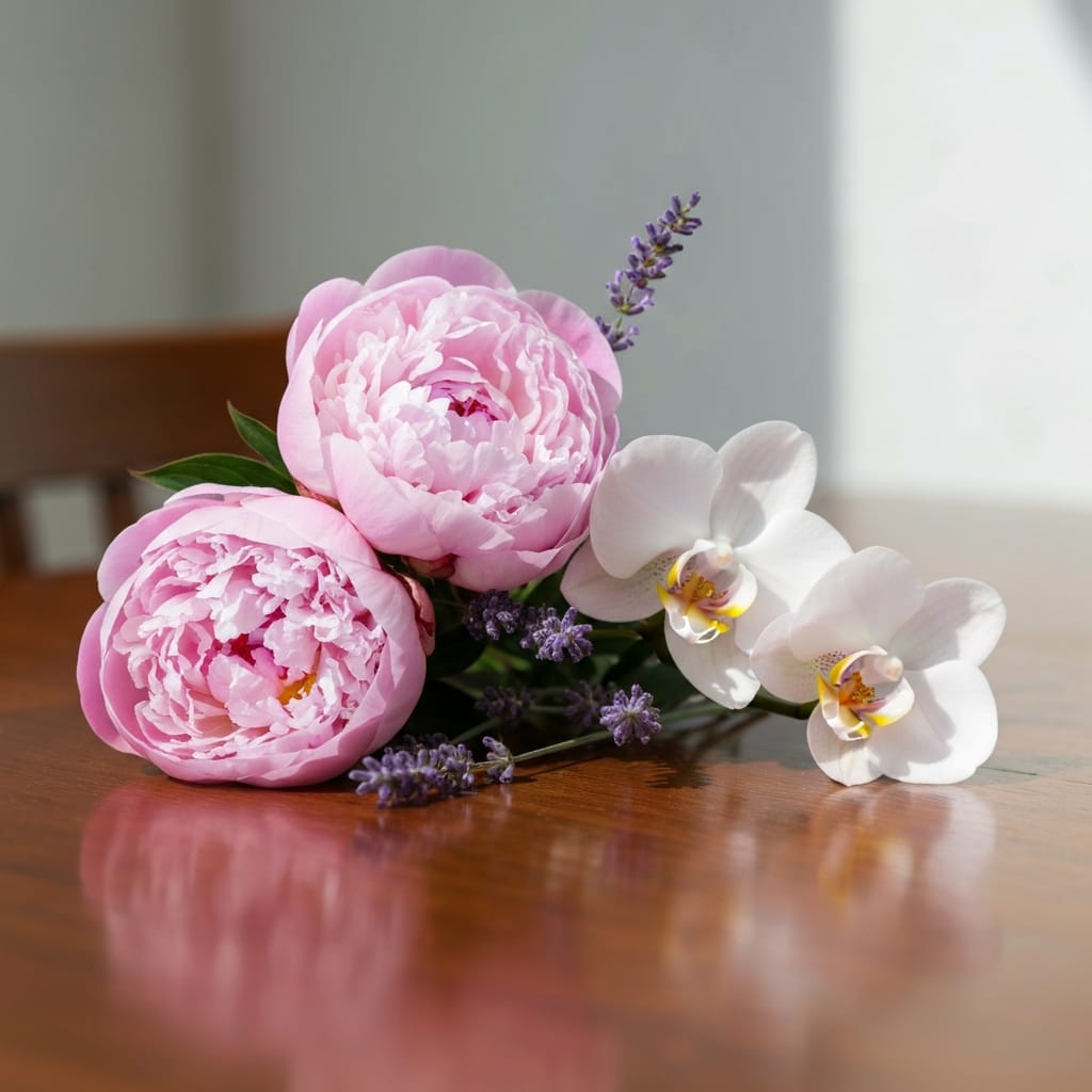 Close-up arrangement of peony, orchid, and lavender flowers for beginners to learn