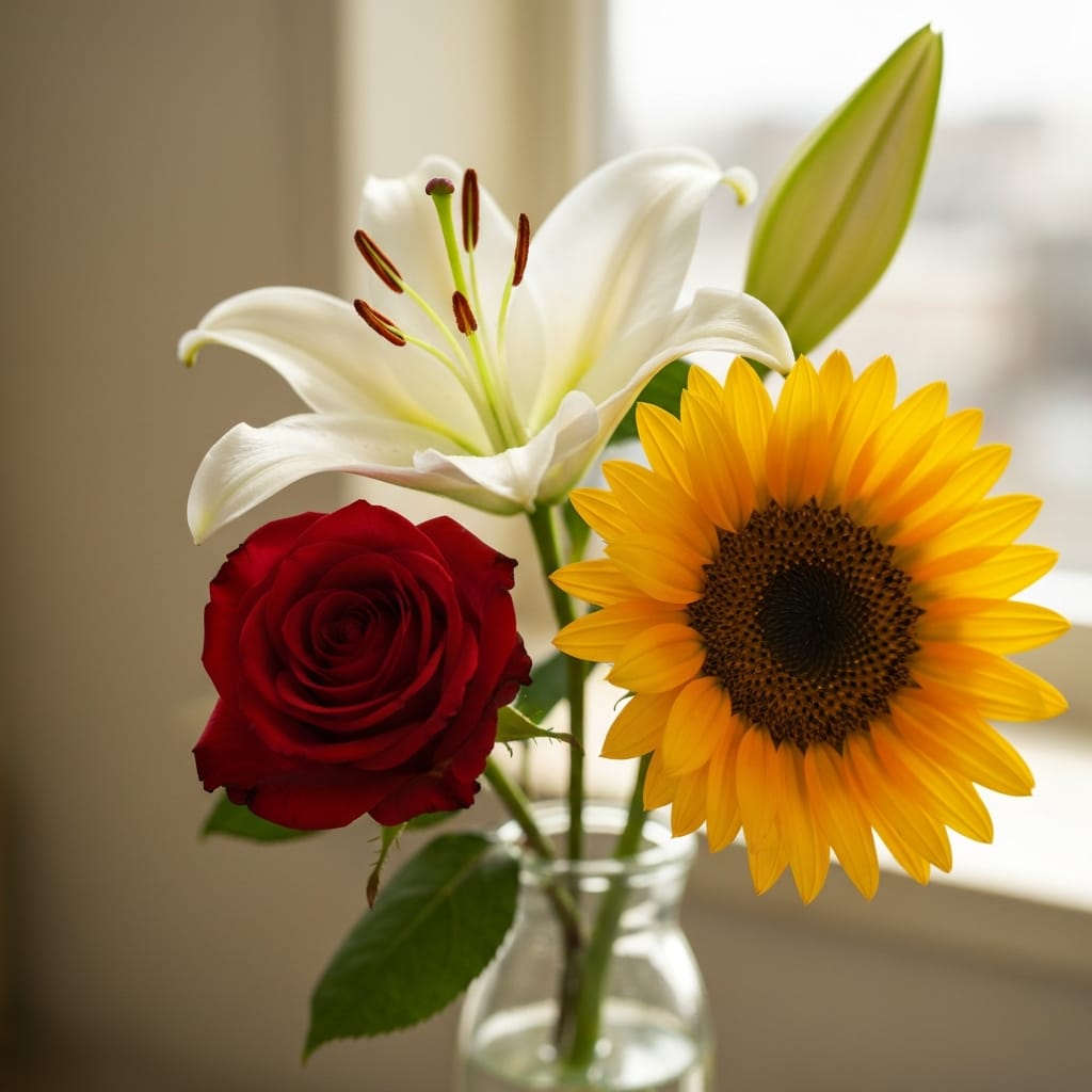 Fresh red rose, white lily, and yellow sunflower together in a glass vase three beginner flowers