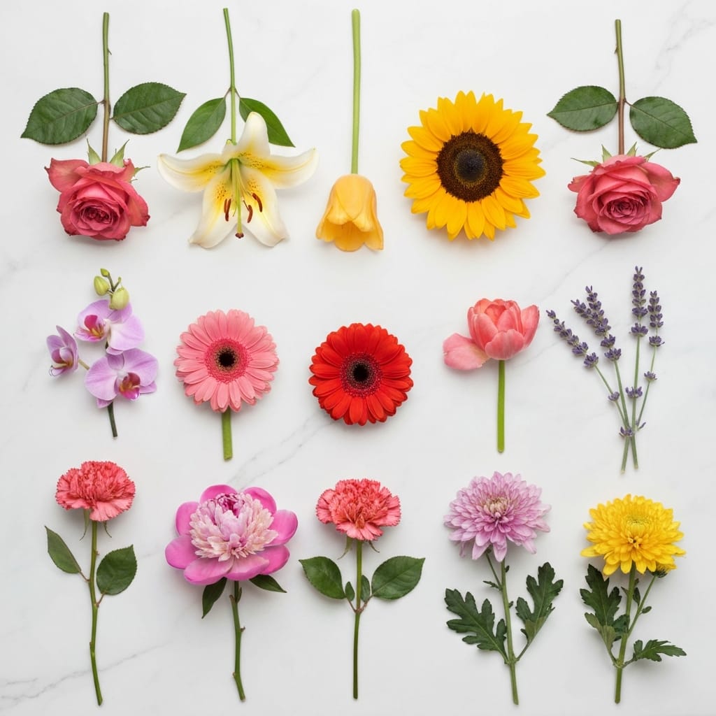 Flat lay collection of ten essential flowers for beginners including roses, lilies, sunflowers, tulips, and more