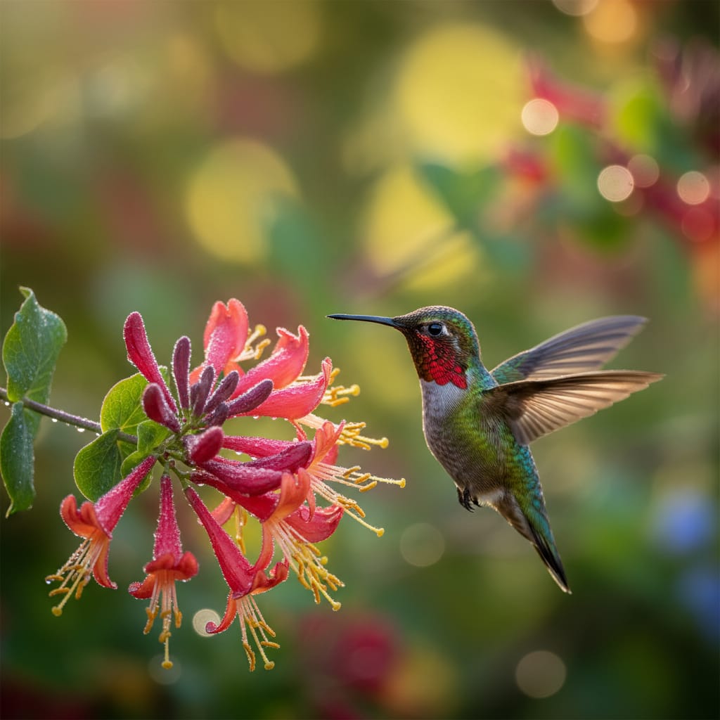 A vibrant garden scene featuring a ruby-throated hummingbird hovering near bright red tubular flowers, soft morning sunlight, cinematic depth of field, professional nature photography