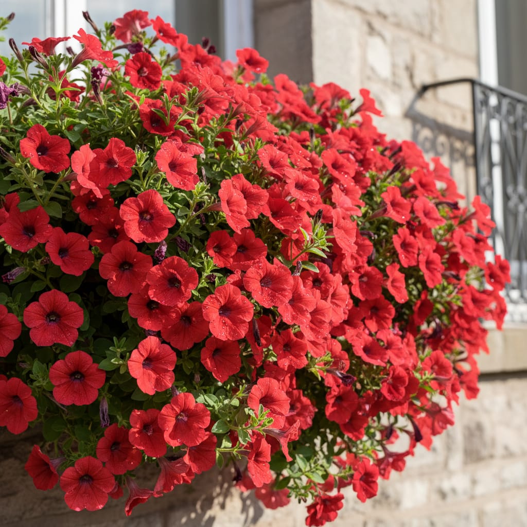Cascading vibrant red petunias in a window box, bright daylight, sharp focus on petals, professional exterior design photography