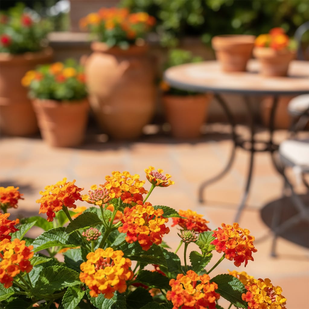 Multi-colored clusters of Lantana flowers, sun-drenched patio, sharp focus, vibrant orange, yellow, and red hues, professional outdoor photography