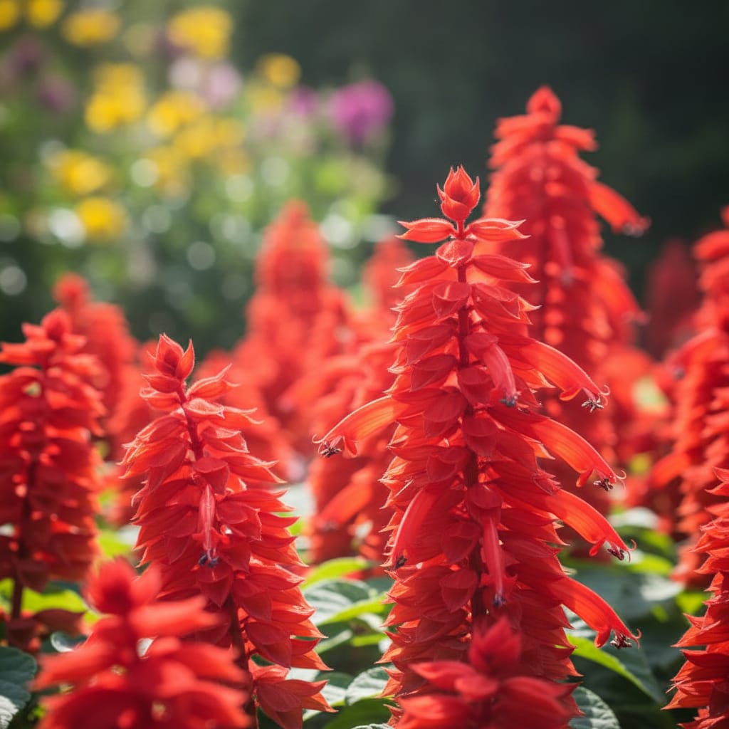 Vibrant spikes of deep red Salvia splendens, sun-drenched garden setting, close-up, sharp focus on nectar-filled florets, high-contrast professional floral photography