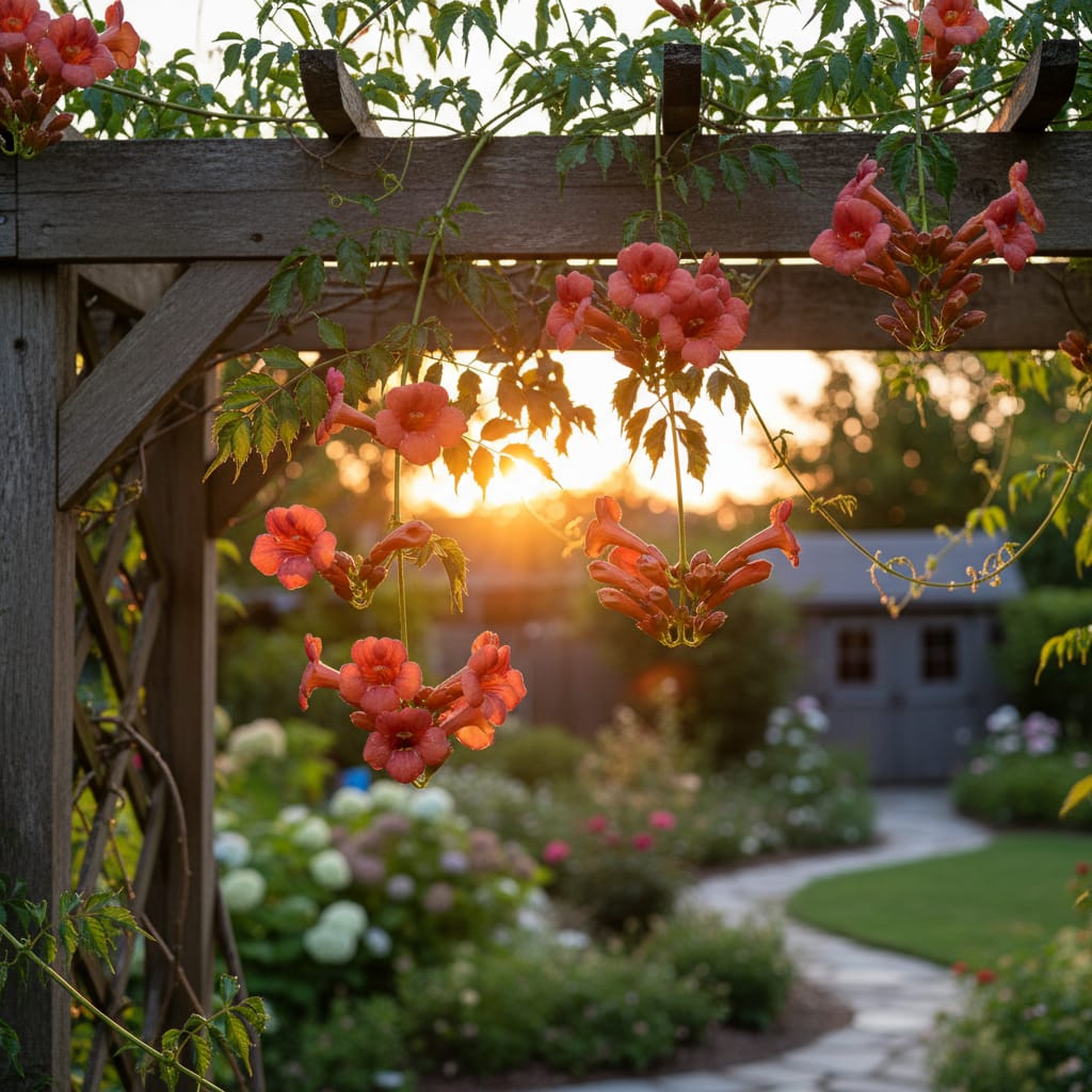 Dramatic orange-red trumpet vine flowers hanging from a wooden trellis, golden hour light, blurred backyard garden background, editorial style capture