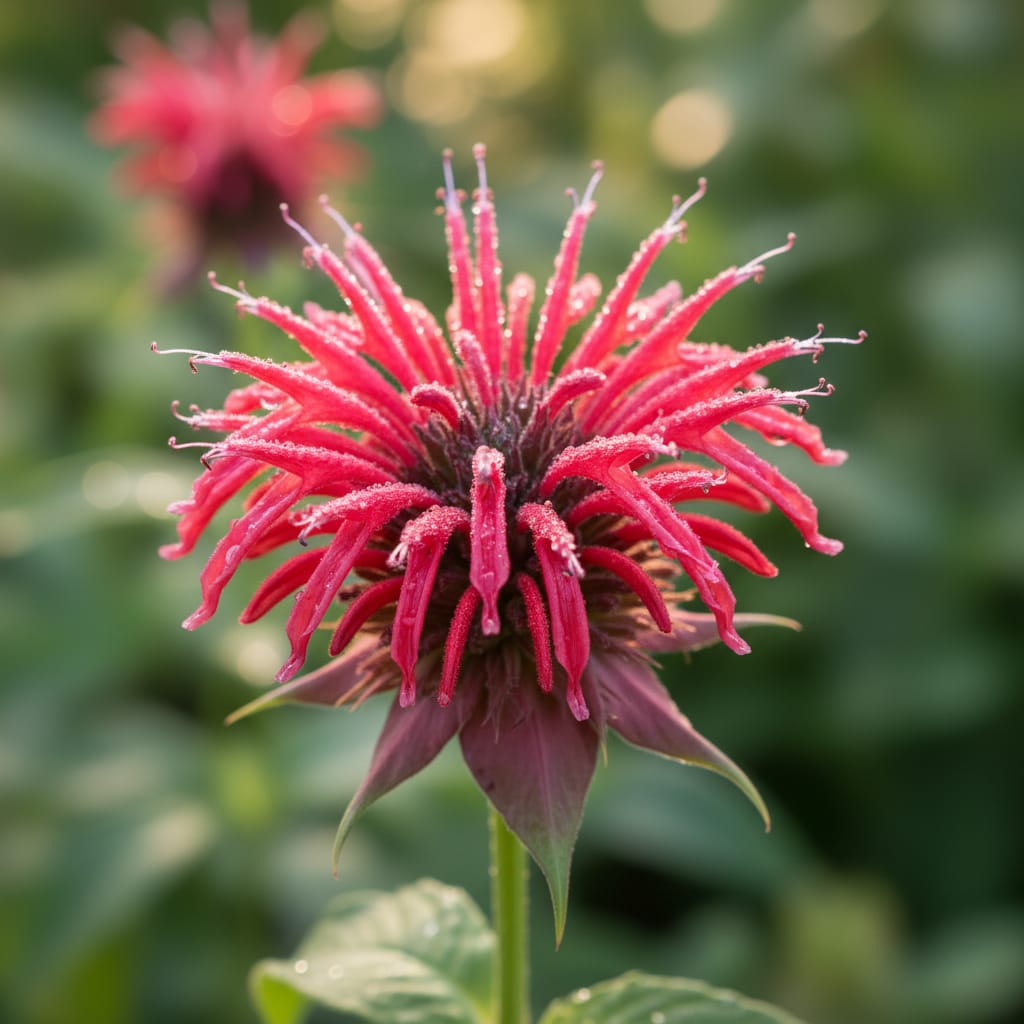 Close-up of bright crimson Bee Balm, petals arranged in a starburst pattern, dewy morning garden, soft bokeh background, high-resolution nature photography