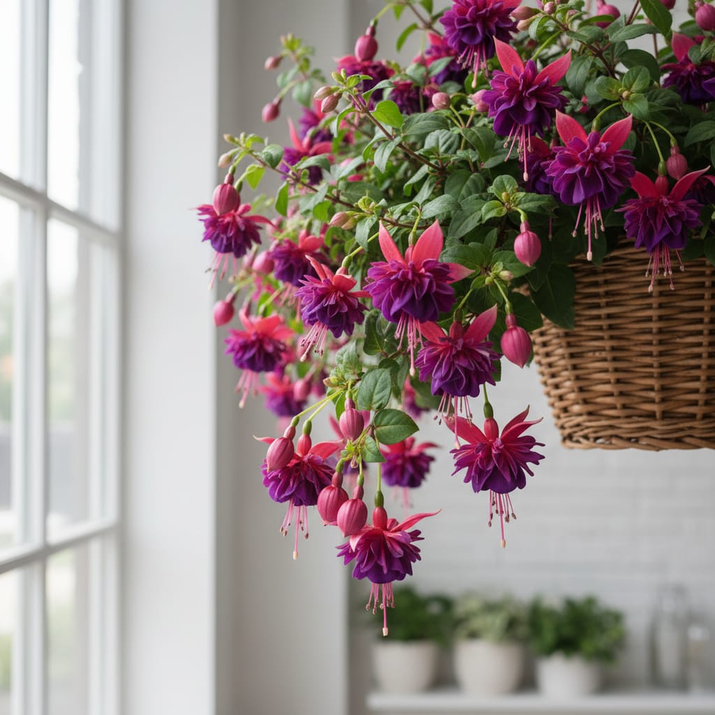 Elegant hanging fuchsia flowers in shades of deep fuchsia and violet, hanging basket, soft window light, delicate textures, professional floral studio style