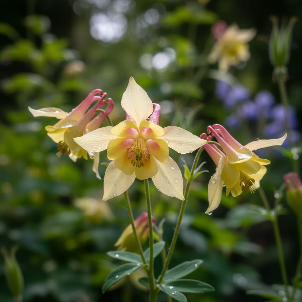 Delicate yellow and red Columbine flowers, garden setting, soft natural light, close-up macro photography, vibrant colors