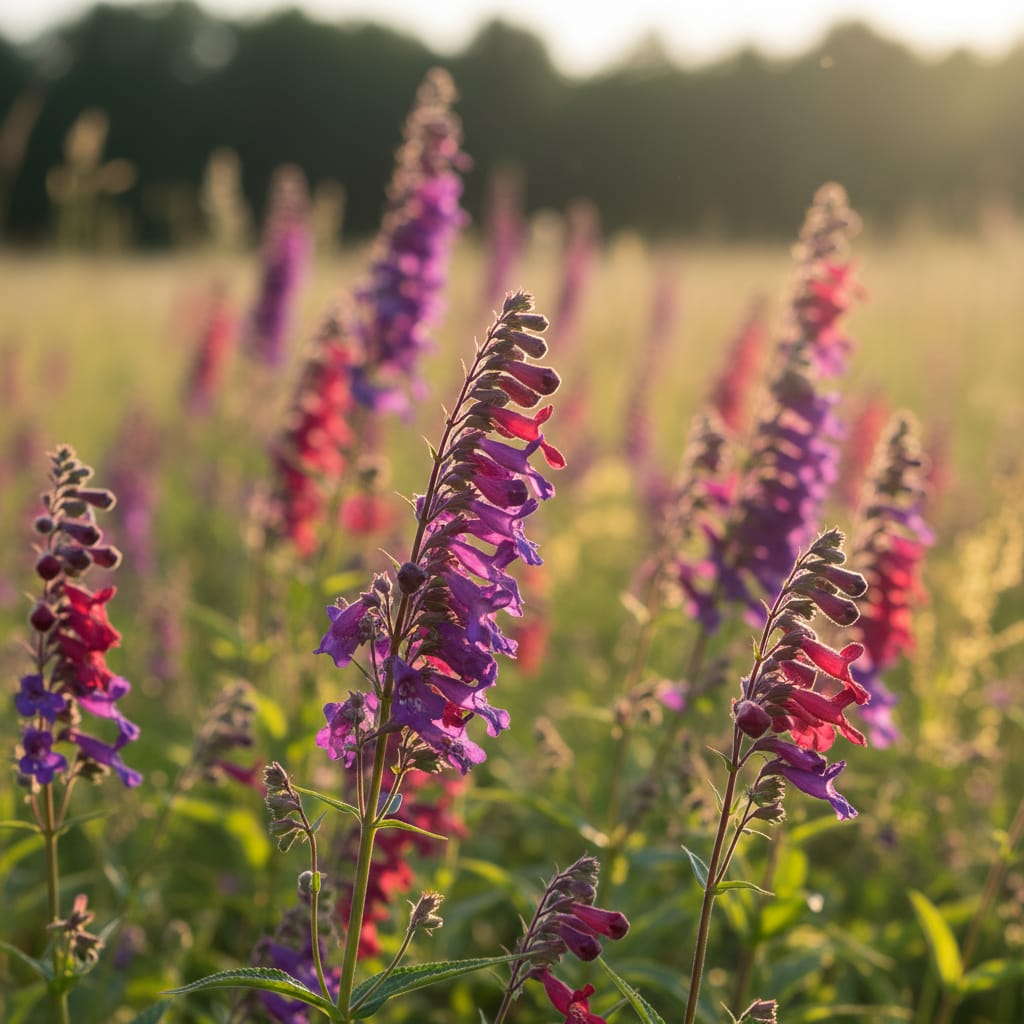 Stunning purple and red Penstemon spikes, sunlit garden meadow, sharp focus on tubular blooms, soft bokeh, high-end gardening magazine style
