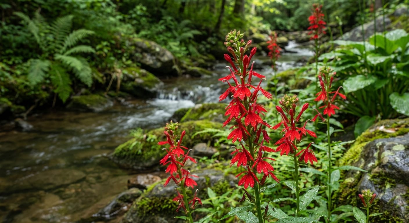 Vibrant scarlet Cardinal Flower spikes, damp garden setting near a stream, dramatic contrast with green foliage, sharp focus, professional nature photography