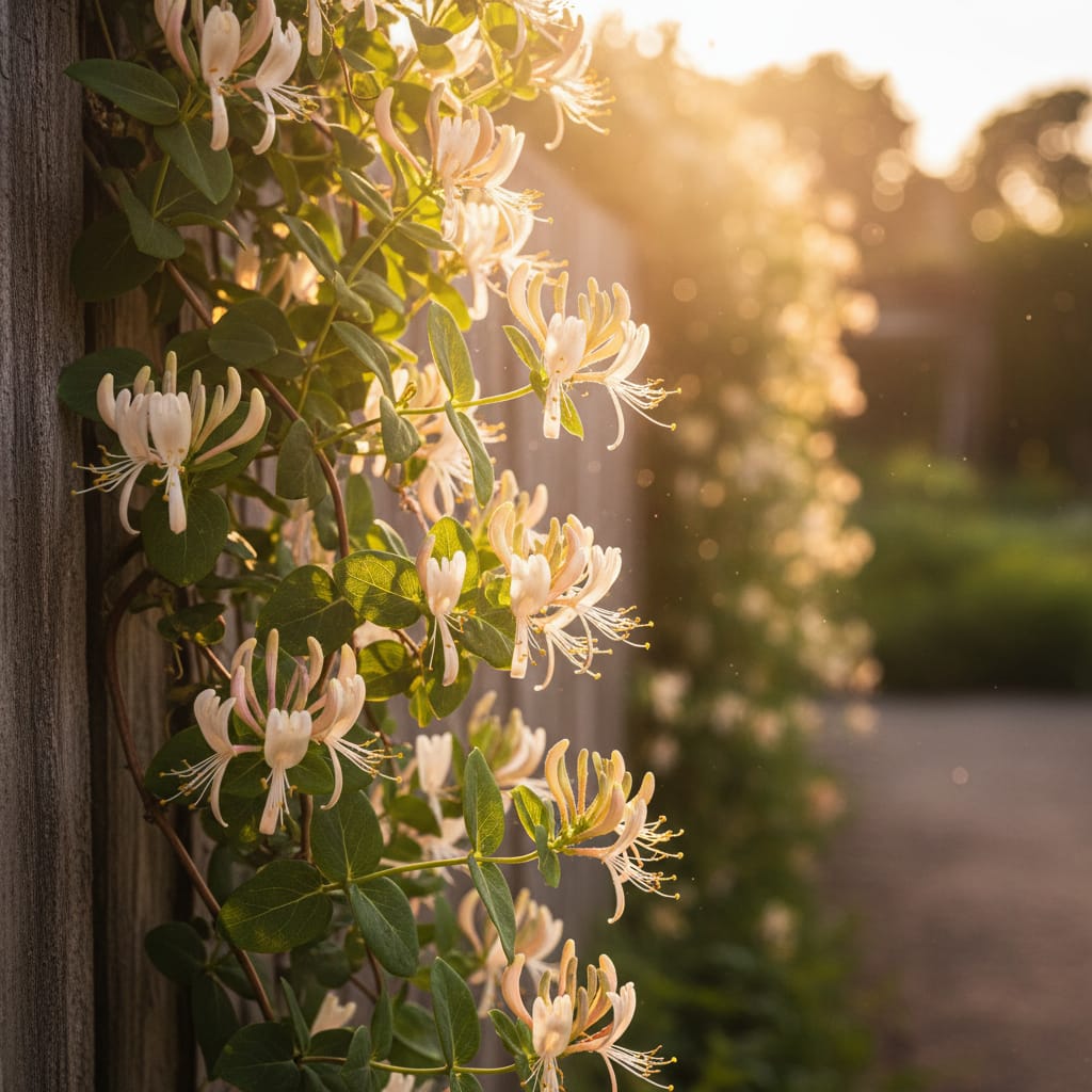 Fragrant, delicate honeysuckle blossoms, golden sunset light, climbing a rustic wooden fence, dreamy atmosphere, editorial gardening style