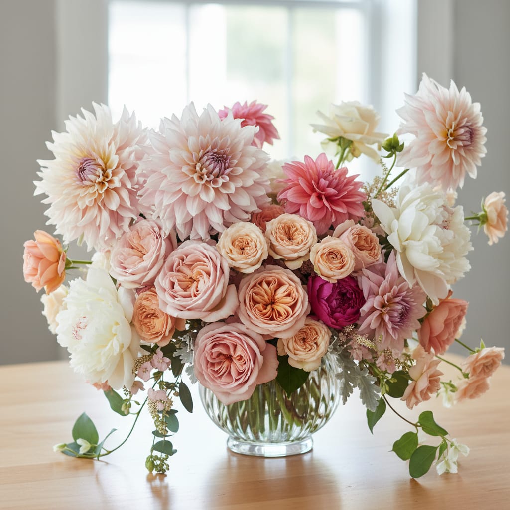 The most beautiful flowers available at US florists shown in a professional arrangement including dahlias garden roses and peonies (relevant to: The 10 Most Beautiful Flowers in the World)