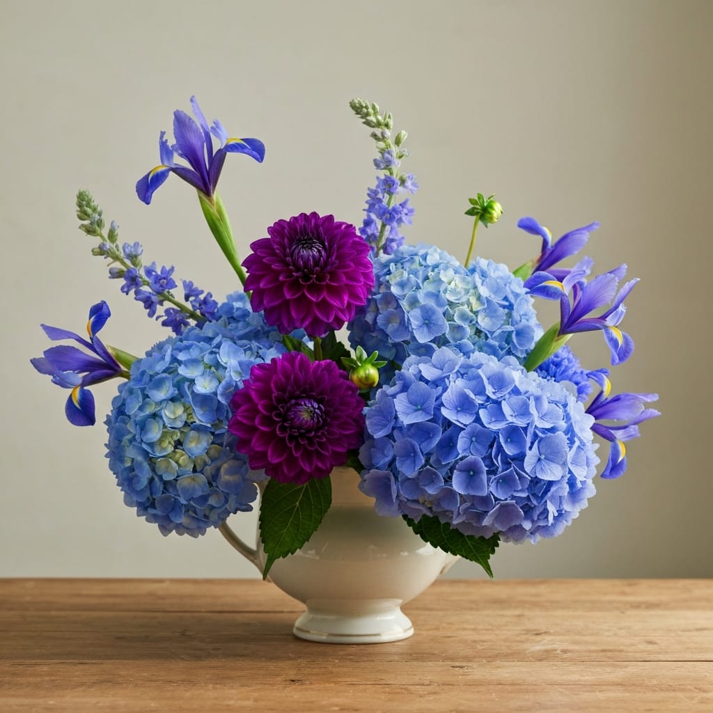 Beautiful arrangement featuring blue hydrangea, purple dahlia, and blue iris flowers