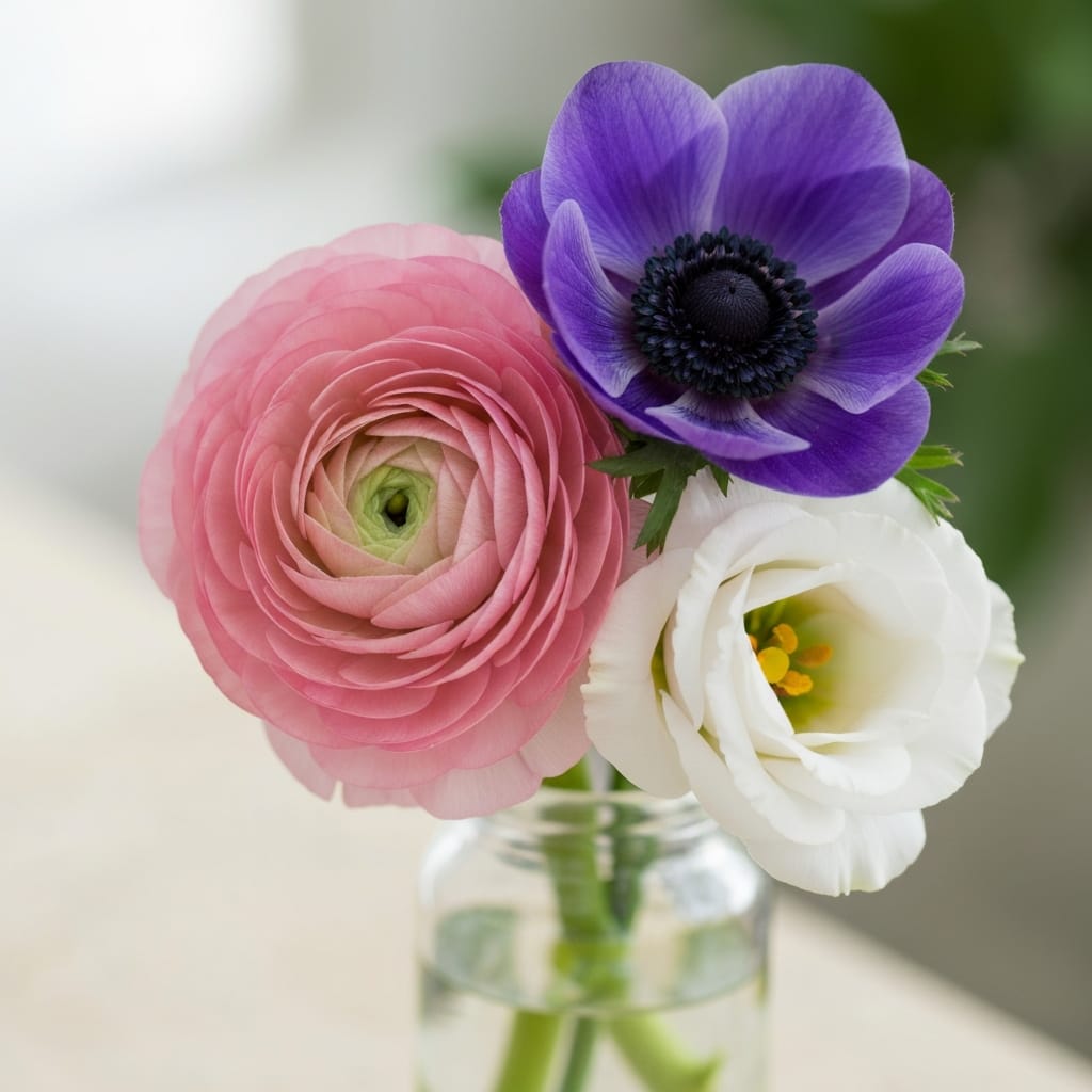 Close-up of three stunning intermediate flowers: pink ranunculus, purple anemone, and white lisianthus