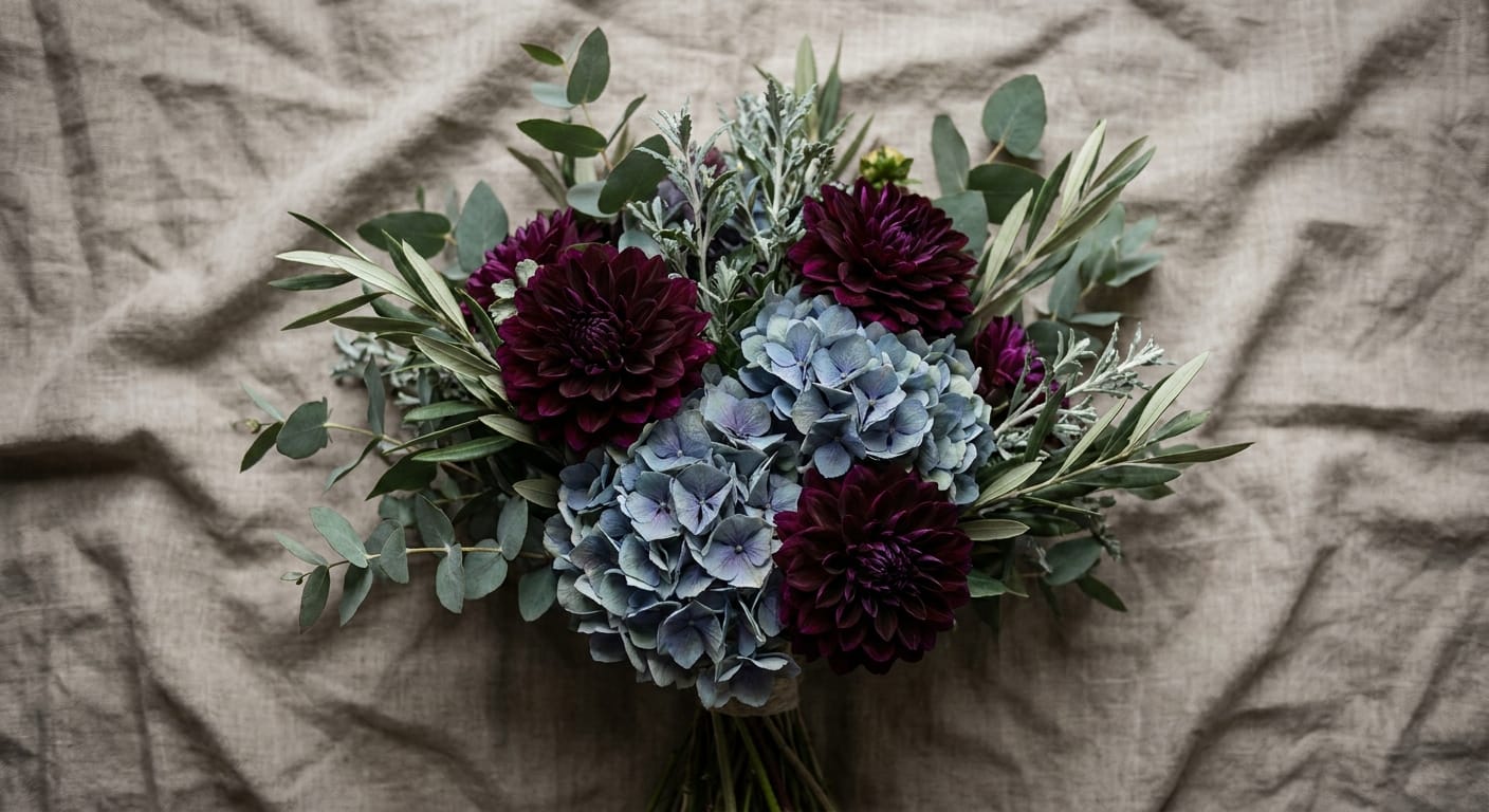 A sophisticated editorial wedding table setting featuring a grand, sculptural centerpiece with tall blue delphiniums, dried textures, and muted plum roses in a sun-drenched, modern loft space with soft, cinematic lighting