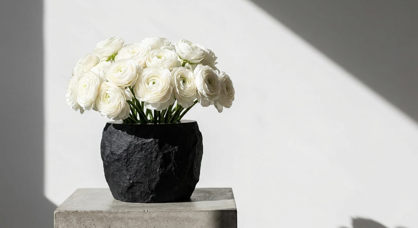 Close-up of a towering, vibrant blue delphinium spike in a clear glass vase, soft natural window light, shallow depth of field, high-end editorial photography style