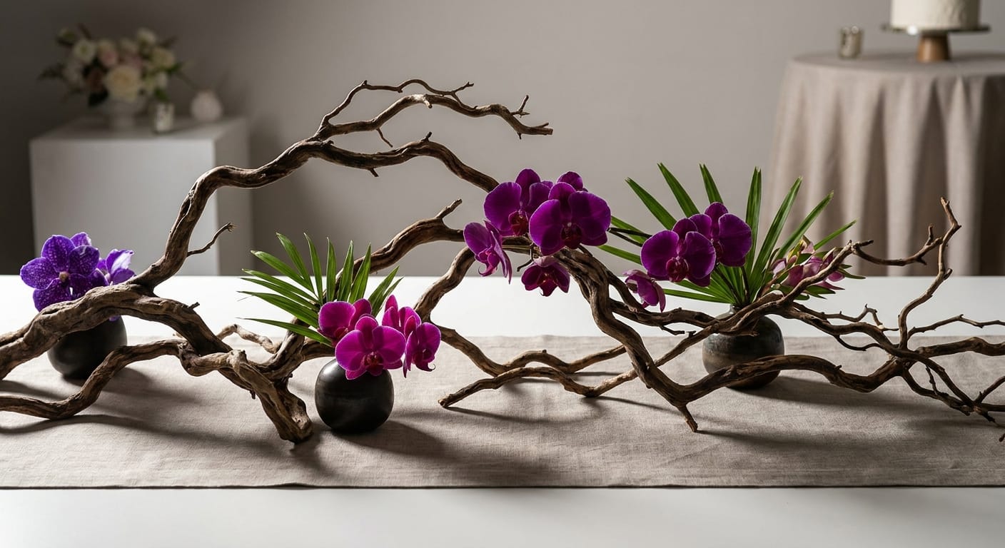 An elegant, dried floral installation featuring bleached fern fronds, preserved lunaria, and dried scabiosa pods in a minimalist ceramic vase, soft studio lighting, neutral color palette