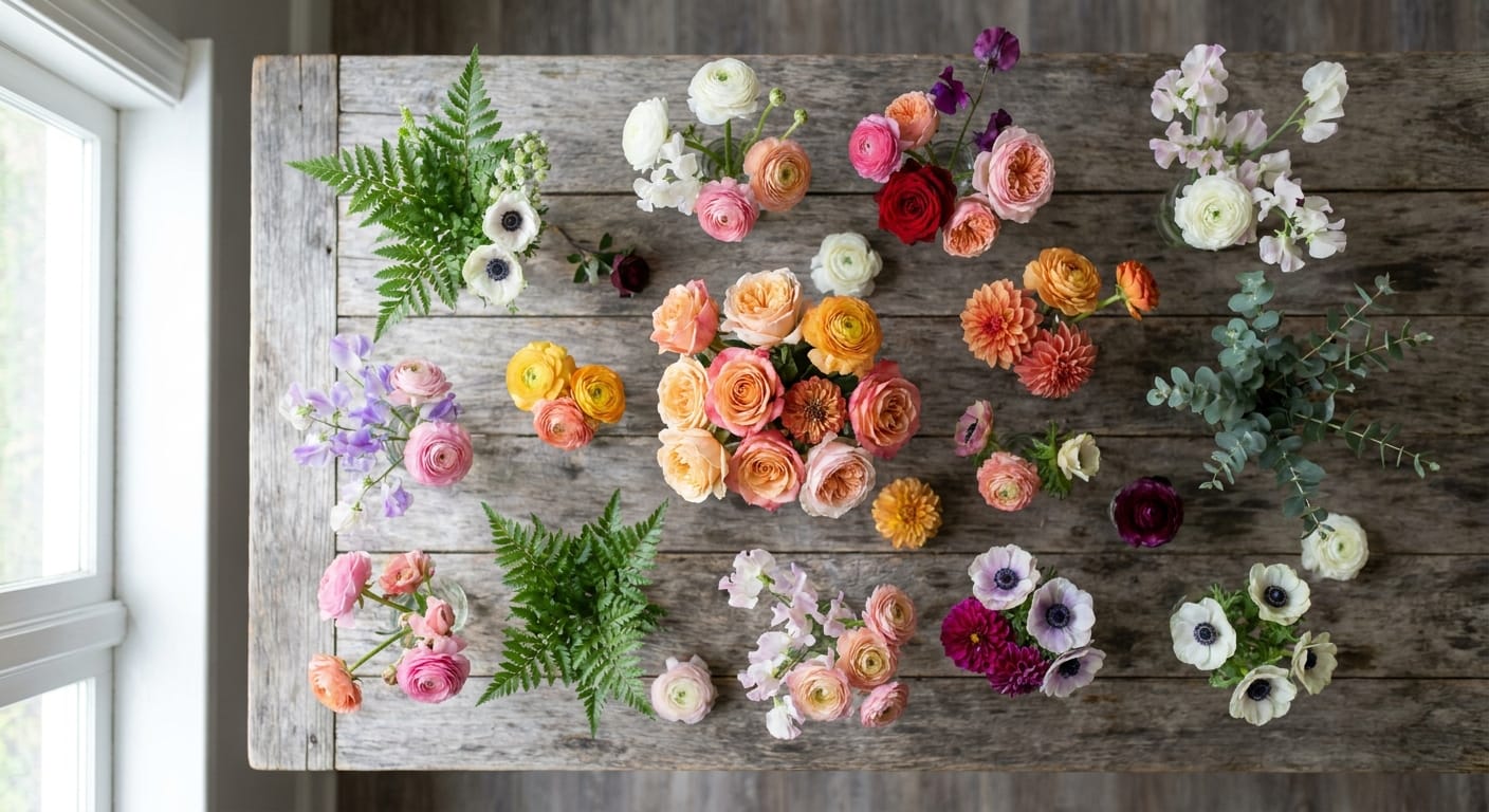A vibrant, professional flat-lay arrangement of fifty different flower varieties on a rustic wooden table, soft natural window lighting, high-end editorial photography style
