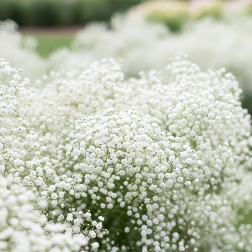 Clouds of tiny white baby’s breath flowers, soft focus, dreamlike atmosphere, wedding floral style
