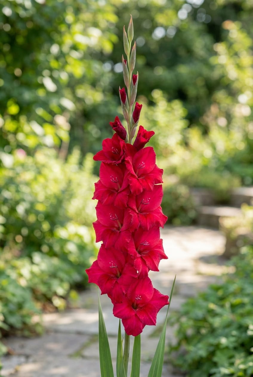 Tall, dramatic spike of red gladiolus flowers, garden backdrop, vertical composition, bold and majestic