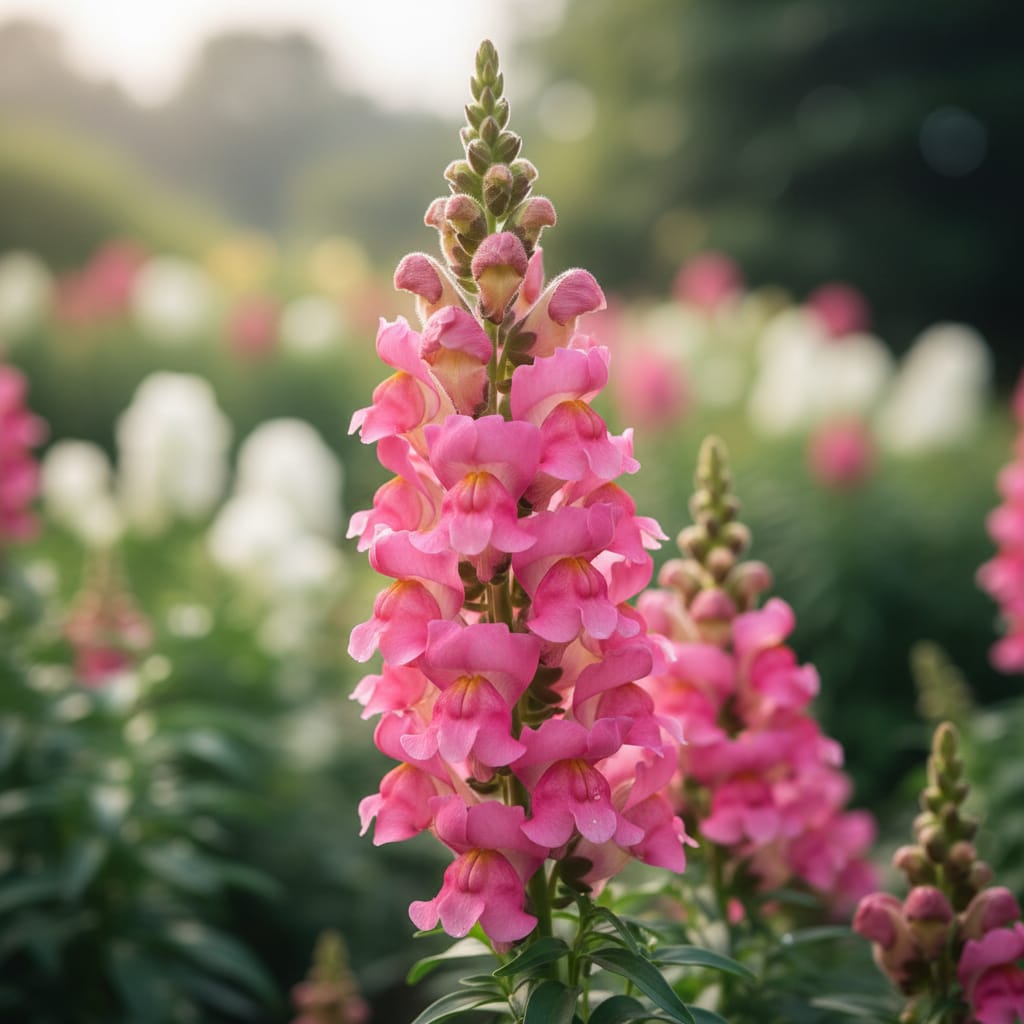 Bright pink snapdragon flowers on a tall stalk, close-up, soft garden lighting, playful and architectural