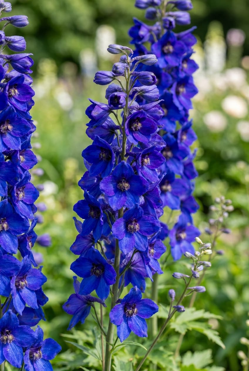 Deep blue delphinium spikes, blurred garden background, vertical orientation, dramatic and royal