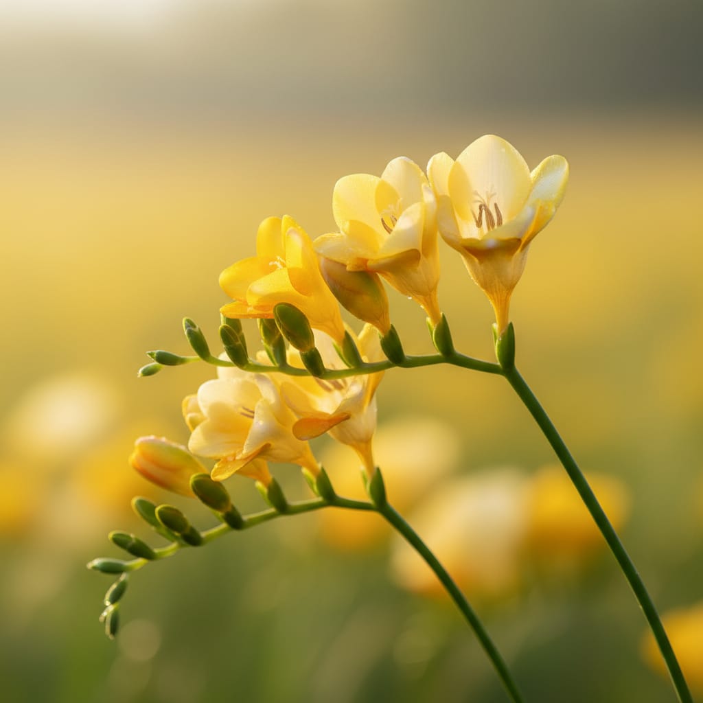 Yellow freesia stems, close-up, soft morning light, fresh and citrusy scent profile