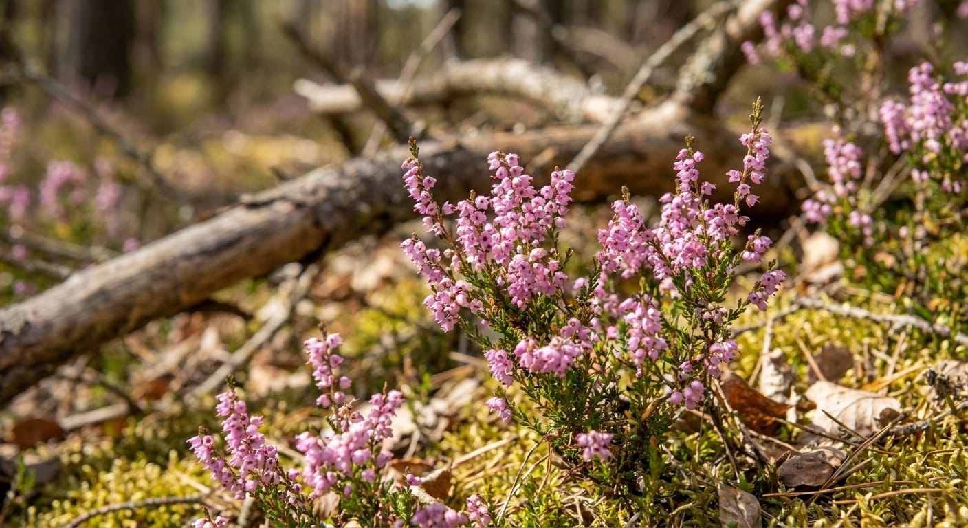 Clusters of tiny pink heather flowers, rustic outdoor background, soft focus, woodland aesthetic