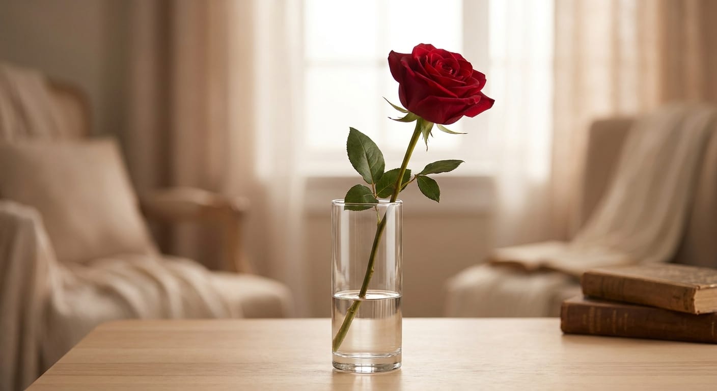 Classic long-stemmed red rose in a clear glass vase, soft focus, romantic atmosphere, studio lighting, high resolution