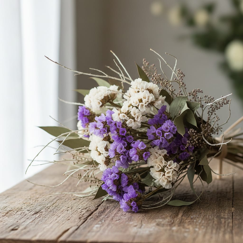 Bunch of purple and white statice, dried arrangement style, rustic lighting, paper-like texture