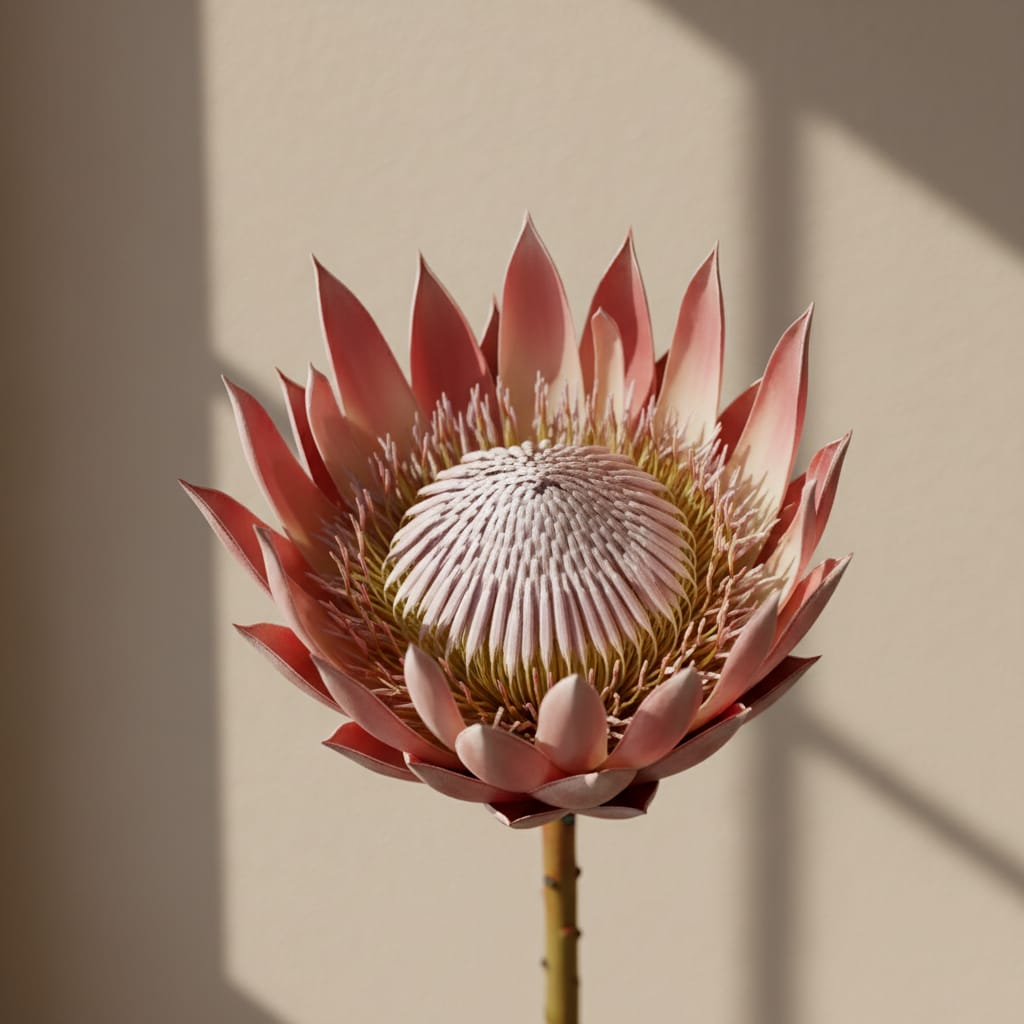 Large, exotic King Protea, dramatic lighting, studio setting, bold and architectural