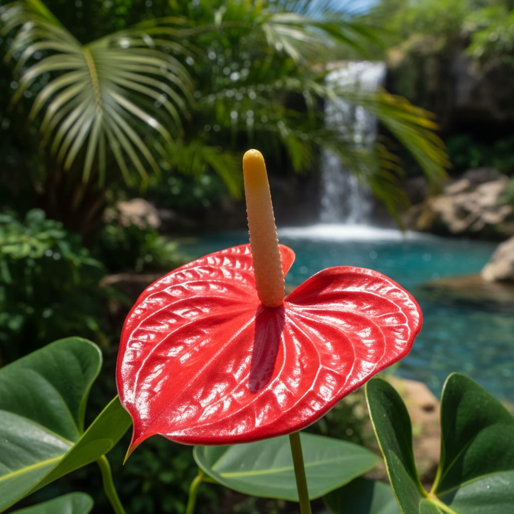 Glossy red heart-shaped anthurium, tropical setting, bright light, modern and sleek aesthetic