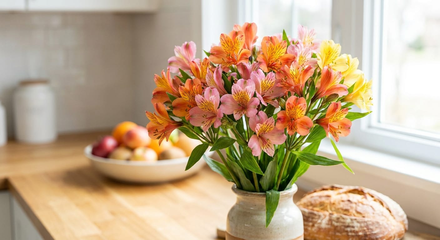 Vibrant Peruvian lily blooms, soft focus, bright colors, common household staple
