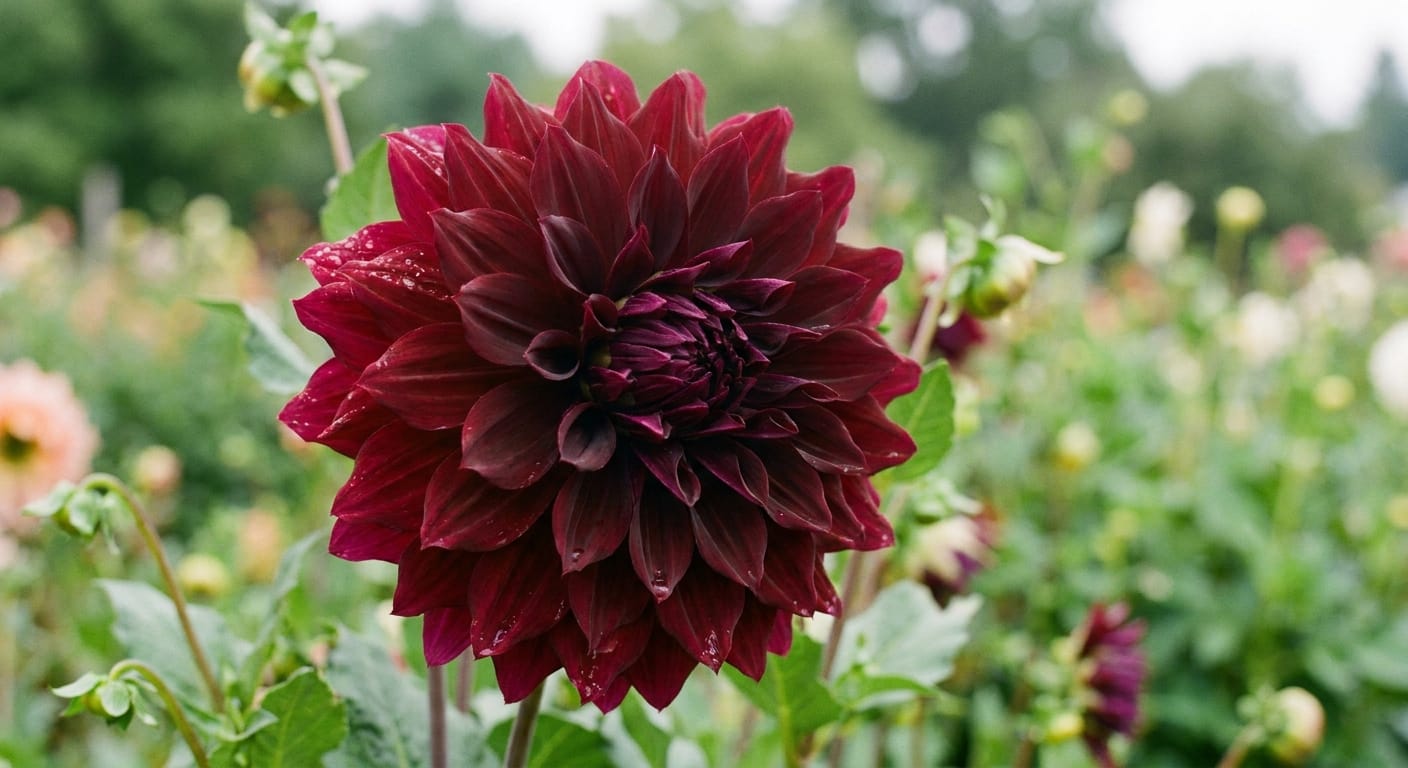 Large, intricate dinner-plate dahlia, deep burgundy, soft natural light, garden setting, complex petal structure