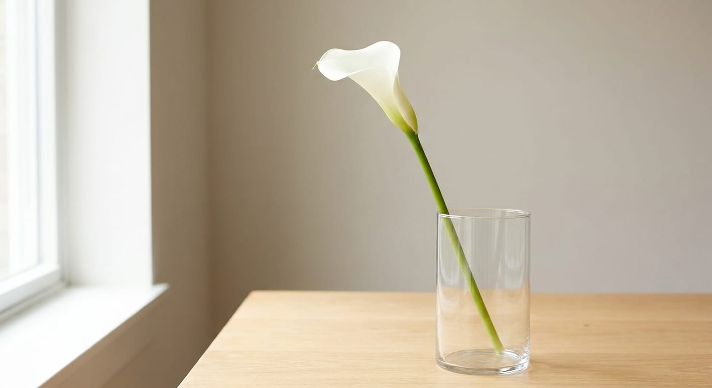 Sleek, white calla lily, minimalist vase, soft side lighting, elegant and sophisticated