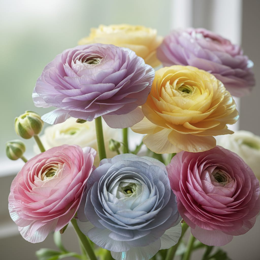 Iridescent butterfly ranunculus, soft pastel colors, ethereal lighting, delicate and glossy petals