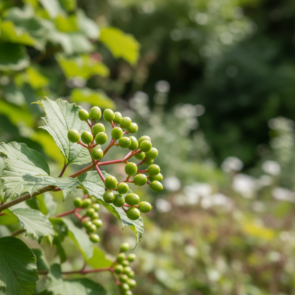 Clusters of small green viburnum berries, garden background, fresh and organic feel