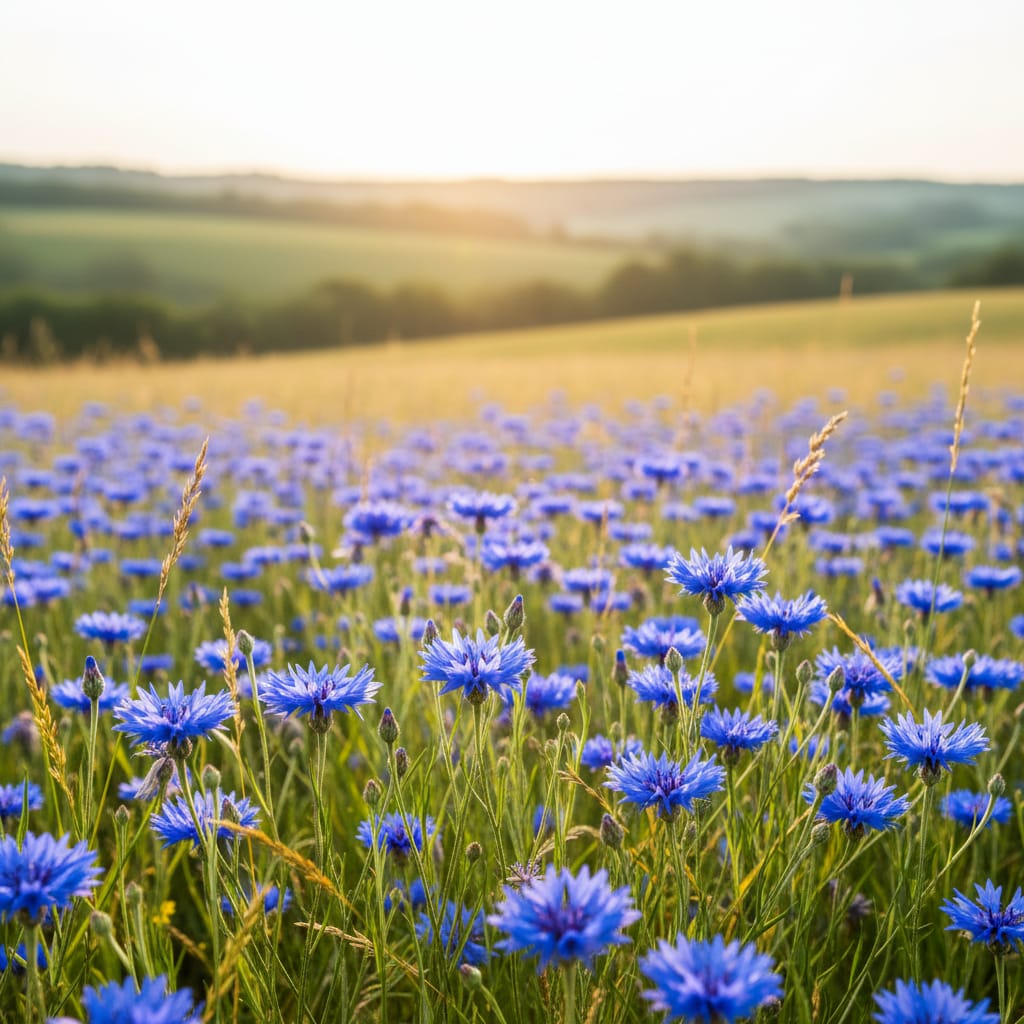 Bright blue bachelor's buttons, field background, sun-drenched, simple and nostalgic