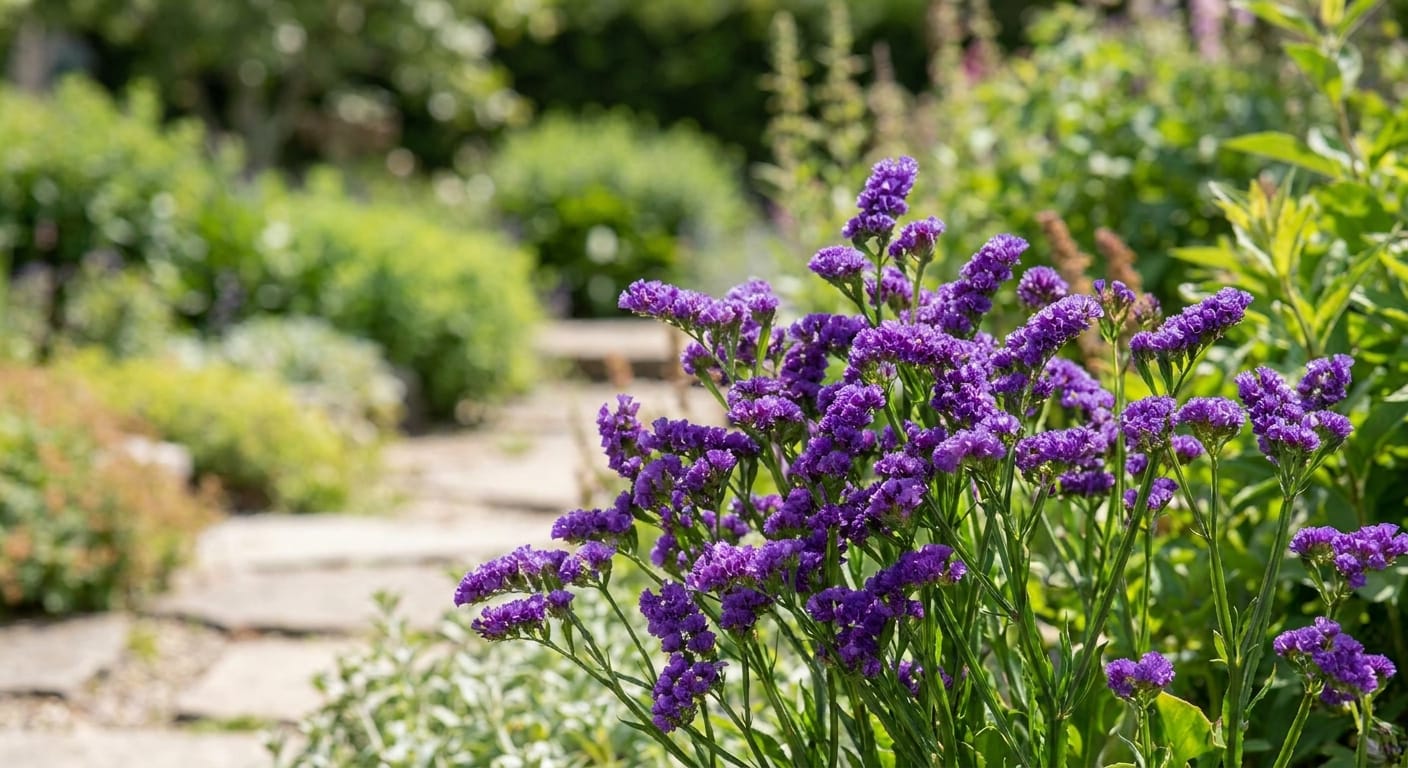 Purple limonium, soft focus, garden setting, textural and long-lasting